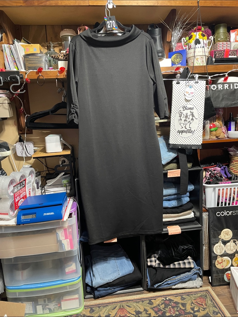 #270 1x/16 Unique Vintage Black Midi Shift Dress with Roll Neck